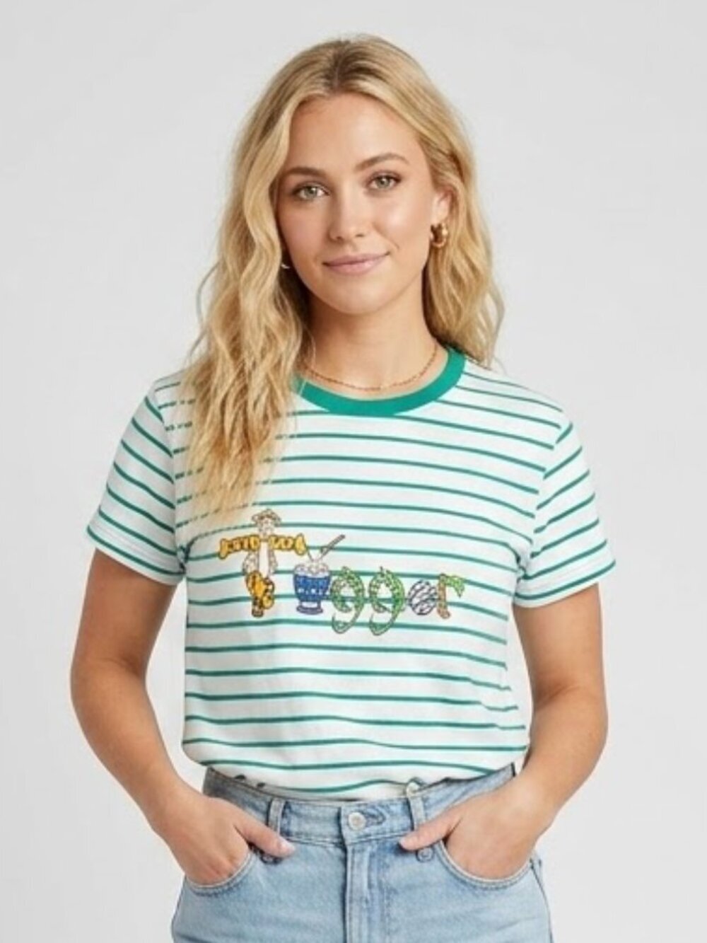 Disney Tiger Embroidered Cotton Green Striped Vintage Short Sleeve Tee Size L